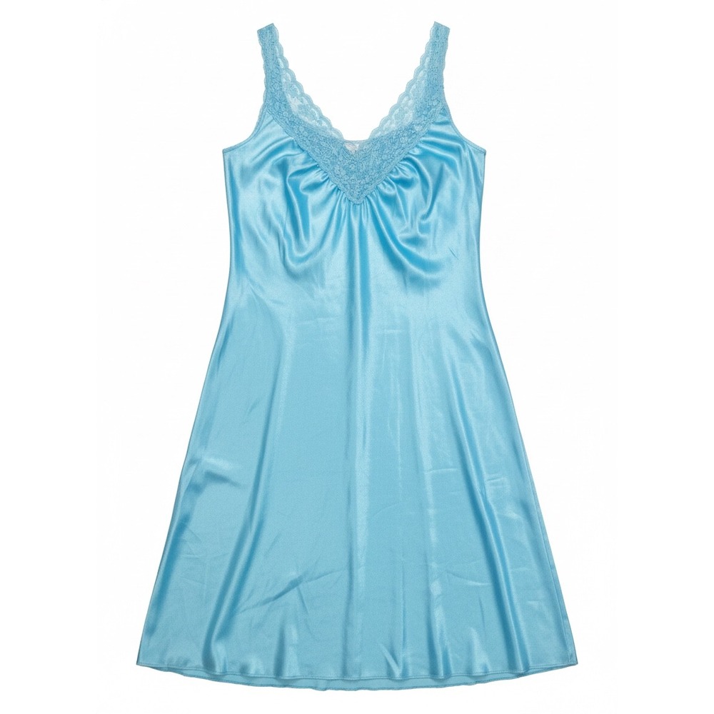 Stardust Blue Satin Lace Slip Dress Sz‎ L Midi Dainty Coquette Whimsical Slit